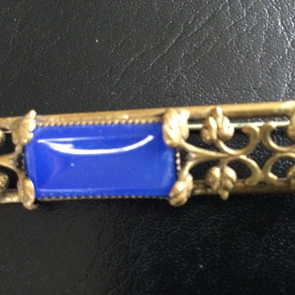 Gorgeous Antique Brooch Pin C Clasp Blue Stone Filagree Jewellry - Picture 2 of 10